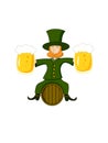 Cartoon Leprechaun smiling sits on a barrel with two pints of beer in his hands