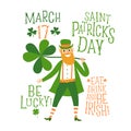 Cartoon leprechaun and St.Patrick`s day titles Royalty Free Stock Photo