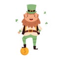 Cartoon leprechaun in traditional costume and top hat standing on a golden coin Royalty Free Stock Photo