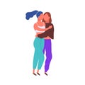 Cartoon lesbian enamored girl hugging feeling love vector flat illustration. Colorful same sex couple standing together