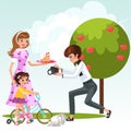 Cartoon lesbian mother with little child on bicycle