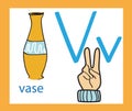 Cartoon letter V. Creative English alphabet. ABC concept. Sign language and alphabet.