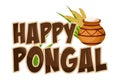 Cartoon lettering of happy Pongal harvest festival in India, clay pot with food, wheat and sugarcane