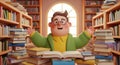 cartoon librarian surrounded by stacks of books Royalty Free Stock Photo