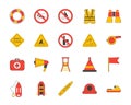 Cartoon Lifeguard Signs Outline Color Icons Set. Vector Royalty Free Stock Photo