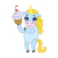 Cartoon light blue lovely unicorn holding cupcake. Colorful vector character Royalty Free Stock Photo