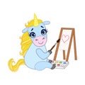Cartoon light blue lovely unicorn painting on canvas. Colorful vector character