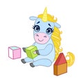 Cartoon light blue lovely unicorn playing with colored cubes. Colorful vector character Royalty Free Stock Photo