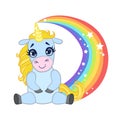 Cartoon light blue lovely unicorn sitting on a rainbow. Colorful vector character