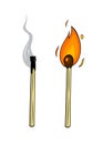 Cartoon lighted match and burnt match on white background. Royalty Free Stock Photo