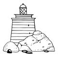 Cartoon lighthouse and rocks. Hand drawn outline vector illustration. Black on white background Royalty Free Stock Photo