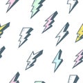 Cartoon lightning bolt seamless pattern, thunder background