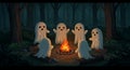 Cartoon-like ghosts are gathered around a campfire in a dense, dark forest setting. Royalty Free Stock Photo