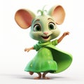 Cartoon-like Rat Twirling In Green Dress With Realistic Light And Shadow