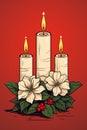 Cartoon line art illustration of three Christmas candles on red background minimalism, christmas candles theme. Vertical format Royalty Free Stock Photo