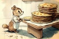 Cartoon line drawing of a cute furry animal making pancakes on Shrove Tuesday