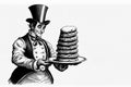 Cartoon line drawing of a Victorian gentleman carrying pancakes on Shrove Tuesday