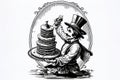 Cartoon line drawing of a Victorian gentleman carrying pancakes on Shrove Tuesday