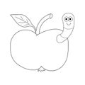 Cartoon linear doodle retro worm apple isolated on white background.