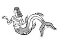 Cartoon linear drawing: beautiful woman, ancient mystical mermaid.