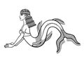 Cartoon linear drawing: beautiful woman, ancient mystical mermaid.