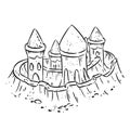 Cartoon lineart hand drawn sand castle, fort or fortress with towers. Cute isolated sketch