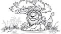 Cartoon Lion, Monkeys, and Giraffes on Safari in Black and White Outline Royalty Free Stock Photo