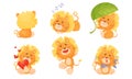 Cartoon Lion Cub Playful Character with White Teeth and Thick Mane Vector Set