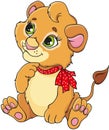 A cartoon lion cub with a red bow sits