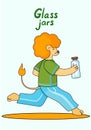 Cartoon lion cub running with a glass jar in his hands. Animals preserve the environment. No plastic