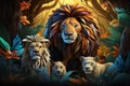 a cartoon lion family in the jungle Royalty Free Stock Photo