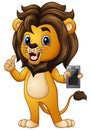 Cartoon lion giving thumbs up with holding a phone