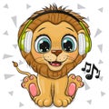 Cartoon Lion with green headphones on a white background Royalty Free Stock Photo