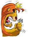 Cartoon lion holding a mouse frightening it Royalty Free Stock Photo