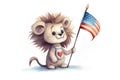 A cartoon lion holds an American flag for 4th of July Independence Day