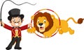 Cartoon lion jumping through ring