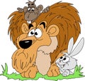 Cartoon lion, monkey and rabbit watching around in the forest vector illustration