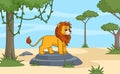 Cartoon lion in savannah stand on rock. Cute leo character in african landscape. Childish vector wild animal tale Royalty Free Stock Photo