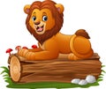 Cartoon lion sitting on a tree log