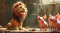 A cartoon lion is standing next to three pigs in front of a microphone, AI Royalty Free Stock Photo