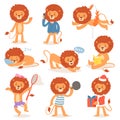 Cartoon lion vector kids leo character of wild child animal playing reading or sleeping illustration set animalistic