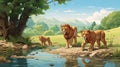 Cartoon lions coming to the brook to drink water