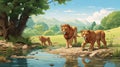 cartoon lions coming to the brook to drink water
