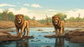 cartoon lions coming to the brook to drink water