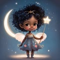 Cartoon little African American fairy with magic wand and stars. Children\'s book illustration. Generative AI Royalty Free Stock Photo