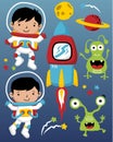 Cartoon of little astronauts in outer space with aliens, spaceship, planets