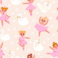 Cartoon little ballerina girls and swans seamless pattern. Fairy princess in pink dresses dancing ballet. Cute dancers Royalty Free Stock Photo