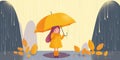 Cartoon Little With Big Orange Umbrella In The Rain