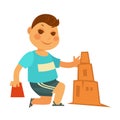 Cartoon little boy builds sand castle isolated illustration Royalty Free Stock Photo