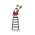 Cartoon little boy climbed up the stairs and reached for the stars. Vector illustration stickman believes in his dream.